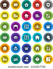 White Solid Icon Set- house hold vector, school building, dry cargo, hospital, home, attention sign, cottage, barn, plan, love, construction crane, protect, mall, window