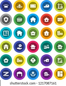 White Solid Icon Set- house hold vector, school building, measuring, dry cargo, hospital, home, attention sign, cottage, barn, plan, love, construction crane, protect, mall, window
