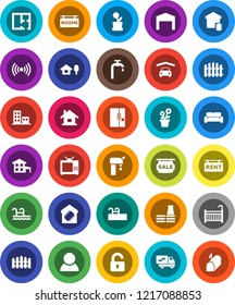 White Solid Icon Set- house vector, cottage, chalet, pool, water supply, garage, barn, fence, plan, sale signboard, rent, rooms, apartments, consumer, unlock, crib, cushioned furniture, fridge, tv