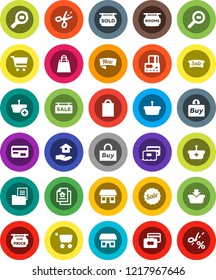 White Solid Icon Set- house hold vector, cart, credit card, office, cargo search, estate document, sale signboard, rooms, sold, low price, new, shopping bag, store, buy, basket, coupon