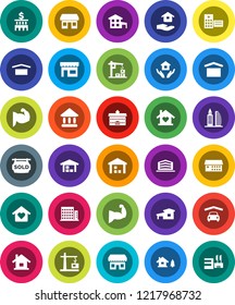 White Solid Icon Set- house hold vector, university, bank building, muscule hand, office, dry cargo, warehouse, hospital, cottage, chalet, garage, barn, sold signboard, apartments, love home, store