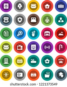 White Solid Icon Set- house vector, pool, solar panel, windmill, fruit tree, mountain, garage, fence, estate document, sale signboard, rent, low price, search, consumer, crib, bath, washer, tv