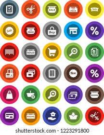 White Solid Icon Set- house hold vector, credit card, cargo search, estate document, sale signboard, rooms, sold, low price, new, shopping bag, percent, store, buy, barcode, basket, cart, list