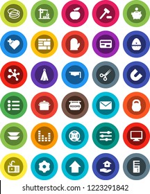 White Solid Icon Set- house hold vector, sink, pan, cook glove, towel, timer, plates, graduate hat, magnet, piggy bank, arrow up, diet, weight, molecule, heart cross, hoop, consolidated cargo, gear