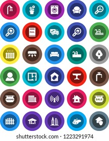White Solid Icon Set- house vector, pond, pool, mailbox, water supply, fruit tree, barn, fence, plan, sale signboard, rooms, apartments, office building, search estate, client, consumer, table, bath