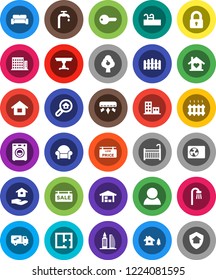 White Solid Icon Set- house hold vector, chalet, pool, water supply, fruit tree, barn, fence, plan, sale signboard, low price, apartments, office building, search estate, consumer, key, lock, crib