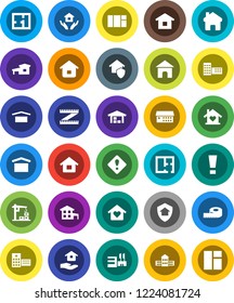 White Solid Icon Set- house hold vector, school building, measuring, dry cargo, hospital, home, attention sign, cottage, barn, plan, love, construction crane, protect, mall, window