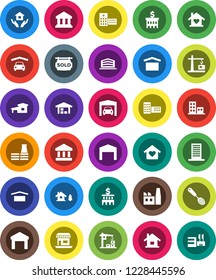 White Solid Icon Set- house hold vector, skimmer, school building, bank, office, dry cargo, warehouse, hospital, cottage, chalet, garage, barn, sold signboard, apartments, love home, factory, mall