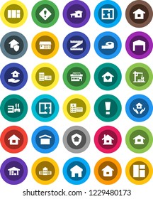 White Solid Icon Set- house hold vector, school building, measuring, dry cargo, hospital, home, attention sign, cottage, barn, plan, love, construction crane, protect, mall, window