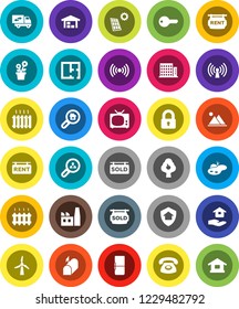 White Solid Icon Set- house hold vector, pond, solar panel, windmill, fruit tree, mountain, barn, plan, rent signboard, sold, apartments, search estate, client, key, lock, relocation truck, heating