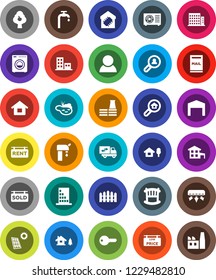White Solid Icon Set- house vector, cottage, chalet, pond, mailbox, solar panel, water supply, fruit tree, barn, fence, rent signboard, sold, low price, apartments, search estate, client, consumer