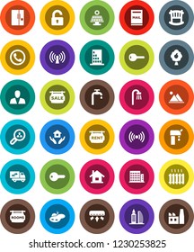 White Solid Icon Set- house hold vector, pond, mailbox, solar panel, water supply, fruit tree, mountain, sale signboard, rent, rooms, apartments, office building, client search, consumer, key, crib