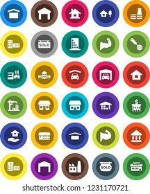White Solid Icon Set- house hold vector, skimmer, school building, university, bank, muscule hand, office, dry cargo, warehouse, hospital, chalet, garage, barn, sold signboard, construction crane