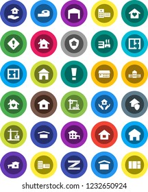 White Solid Icon Set- house hold vector, school building, measuring, dry cargo, hospital, home, attention sign, cottage, barn, plan, love, construction crane, protect, mall, window