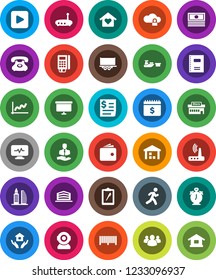White Solid Icon Set- house hold vector, copybook, alarm clock, graph, wallet, cash, presentation board, dollar calendar, run, phone, client, truck trailer, receipt, port, clipboard, warehouse, mall