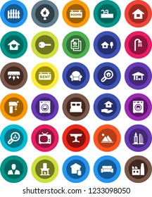 White Solid Icon Set- house hold vector, chalet, pool, water supply, fruit tree, mountain, barn, fence, estate document, rent signboard, rooms, office building, search, client, consumer, key, table