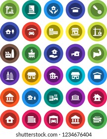 White Solid Icon Set- house hold vector, skimmer, university, bank, building, muscule hand, office, dry cargo, hospital, cottage, chalet, garage, apartments, construction crane, factory, store, mall