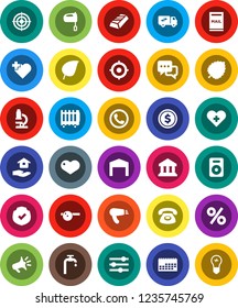White Solid Icon Set- house hold vector, mixer, microscope, leaf, bank, dollar coin, gold ingot, target, heart cross, calendar, protected, dialog, speaker, eye doctor hat, equalizer, mailbox, barn