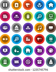 White Solid Icon Set- house hold vector, music, personal information, hierarchy, cereals, heart monitor, phone, truck trailer, port, vial, microbs, bandage, connection, notebook network, server