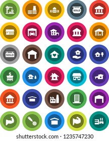 White Solid Icon Set- house hold vector, skimmer, school building, university, bank, muscule hand, dry cargo, warehouse, hospital, cottage, chalet, garage, barn, sold signboard, love home, factory