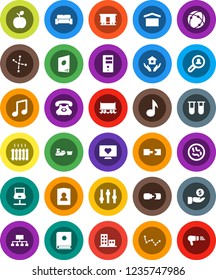 White Solid Icon Set- house hold vector, apple fruit, music, constellation, investment, personal information, hierarchy, heart monitor, Railway carriage, phone, port, dry cargo, settings, vial