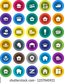 White Solid Icon Set- house hold vector, school building, measuring, dry cargo, hospital, home, attention sign, cottage, barn, love, construction crane, protect, mall, window