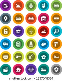 White Solid Icon Set- house vector, cottage, pond, pool, solar panel, windmill, water supply, fruit tree, mountain, garage, barn, estate document, sale signboard, rent, rooms, low price, key, unlock