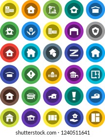 White Solid Icon Set- house hold vector, school building, measuring, dry cargo, hospital, home, attention sign, cottage, barn, plan, love, construction crane, protect, mall, window