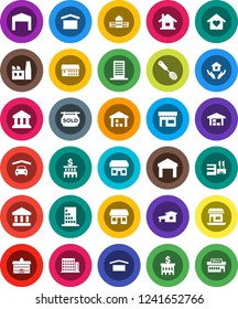 White Solid Icon Set- house hold vector, skimmer, university, school building, bank, office, dry cargo, warehouse, hospital, cottage, garage, barn, sold signboard, apartments, love home, factory