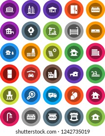 White Solid Icon Set- house vector, cottage, chalet, pool, solar panel, fruit tree, garage, barn, rooms signboard, sold, apartments, office building, search estate, crib, bath, relocation truck