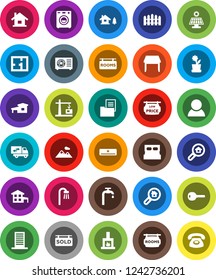 White Solid Icon Set- house vector, cottage, chalet, solar panel, water supply, mountain, fence, plan, estate document, rooms signboard, sold, low price, search, consumer, key, table, bath, washer