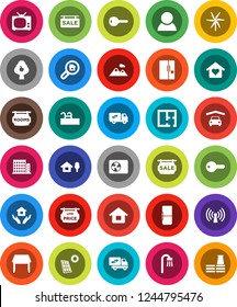 White Solid Icon Set- house hold vector, chalet, pool, solar panel, windmill, fruit tree, mountain, garage, plan, sale signboard, rooms, low price, apartments, search estate, consumer, key, table