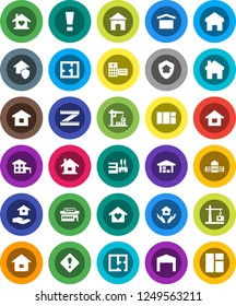 White Solid Icon Set- house hold vector, school building, measuring, dry cargo, hospital, home, attention sign, cottage, barn, plan, love, construction crane, protect, mall, window