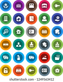 White Solid Icon Set- house hold vector, mountain, garage, estate document, rooms signboard, low price, office building, client search, consumer, key, unlock, relocation truck, love home, fireplace