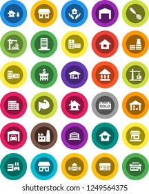 White Solid Icon Set- house hold vector, skimmer, school building, university, bank, muscule hand, office, warehouse, hospital, chalet, garage, barn, sold signboard, apartments, love home, factory
