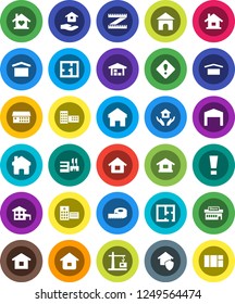 White Solid Icon Set- house hold vector, school building, measuring, dry cargo, hospital, home, attention sign, cottage, barn, plan, love, construction crane, protect, mall, window