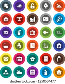 White Solid Icon Set- house vector, cottage, pool, mailbox, water supply, fruit tree, mountain, garage, barn, client search, consumer, key, unlock, table, bath, washer, love home, fireplace, fridge