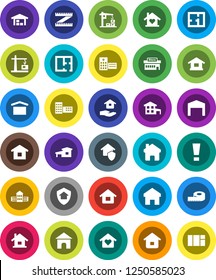 White Solid Icon Set- house hold vector, school building, measuring, dry cargo, hospital, home, attention sign, cottage, barn, plan, love, construction crane, protect, mall, window