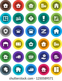 White Solid Icon Set- house hold vector, school building, measuring, dry cargo, hospital, home, attention sign, cottage, barn, plan, love, construction crane, protect, mall, window