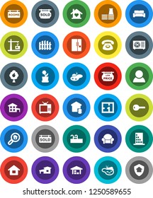 White Solid Icon Set- house vector, cottage, pond, pool, fruit tree, barn, fence, plan, rooms signboard, sold, low price, search estate, consumer, key, cushioned furniture, love home, ari condition