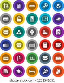 White Solid Icon Set- house hold vector, cottage, pool, mailbox, fruit tree, fence, plan, rent signboard, rooms, sold, low price, apartments, office building, search estate, client, consumer, unlock