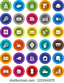 White Solid Icon Set- house vector, cottage, chalet, pond, pool, solar panel, water supply, fruit tree, mountain, sale signboard, rent, rooms, sold, low price, apartments, office building, client