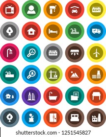 White Solid Icon Set- house vector, chalet, pool, windmill, water supply, fruit tree, mountain, garage, estate document, rent signboard, sold, office building, client search, consumer, table, bath