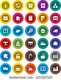 White Solid Icon Set- house vector, cottage, pond, pool, mailbox, windmill, water supply, mountain, garage, plan, estate document, rent signboard, search, consumer, unlock, crib, table, washer