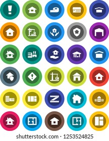 White Solid Icon Set- house hold vector, school building, measuring, dry cargo, hospital, home, attention sign, barn, plan, love, construction crane, protect, mall, window
