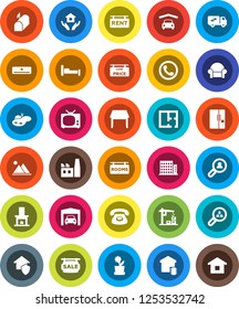 White Solid Icon Set- house hold vector, pond, mountain, garage, plan, sale signboard, rent, rooms, low price, apartments, client search, table, cushioned furniture, relocation truck, fireplace, tv