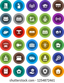White Solid Icon Set- house hold vector, chalet, pond, mailbox, solar panel, windmill, garage, barn, fence, sale signboard, sold, search estate, key, table, relocation truck, love home, fireplace