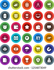 White Solid Icon Set- house hold vector, mixer, drawing compass, alarm clock, magnet, cart, wallet, dollar flag, diet, scales, swimsuite, enegry drink, stadium, plane, truck trailer, glass, umbrella