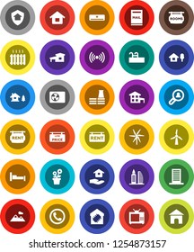 White Solid Icon Set- house hold vector, cottage, chalet, pool, mailbox, windmill, mountain, rent signboard, rooms, low price, office building, client search, heating, air conditioner, ari condition