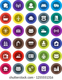 White Solid Icon Set- house vector, pool, solar panel, windmill, water supply, mountain, sale signboard, rooms, sold, office building, consumer, crib, bath, washer, cushioned furniture, fireplace